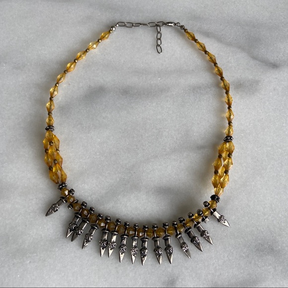 Vintage Jewelry - VINTAGE • Bohemian Vamp Spiked Beaded Necklace Hippie Savage Yellow Silver Tone